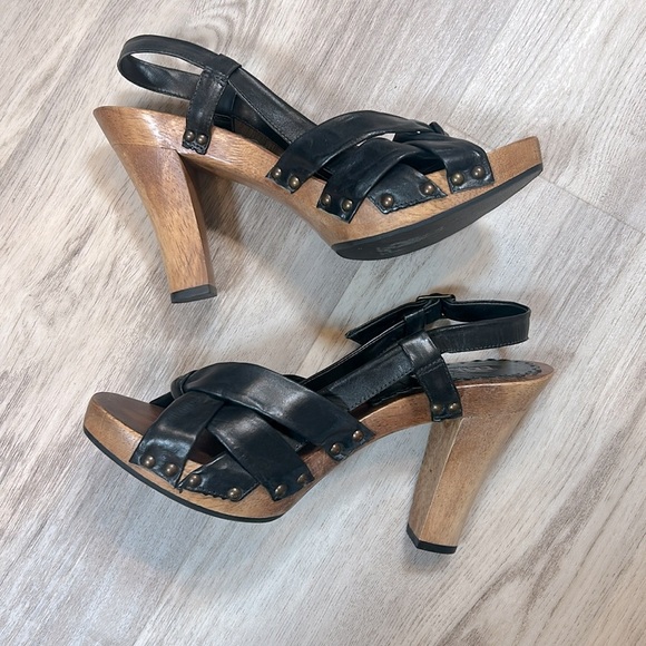 Vintage Y2K Kenneth Cole Tribeca Slingback Heels Black Leather Wooden Platform - Picture 3 of 12